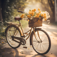 Wall Mural - A vintage bicycle with a basket of flowers.