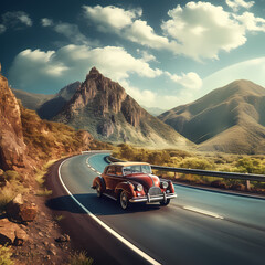 Sticker - A vintage car driving on a scenic mountain road 