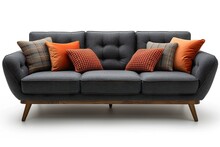 Stylist And Royal Modern Orange Textile Sofa On Isolated White Background. Furniture For Modern Interior, Minimalist Design, Space For Text, Photographic