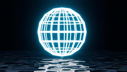 Abstract neon geometric sphere shape flying on water surface. Fashion dark background. Modern 3d animation.