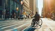 Man in wheelchair rides down the city street