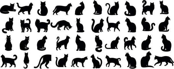 Naklejka na meble Black cat silhouettes in various poses, isolated on white background. Perfect for logos, decals, apparel design. Elegant, sleek feline figures showcasing minimalist modern art