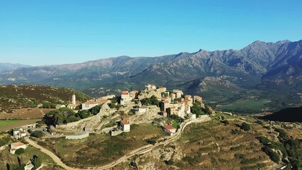 Sticker - The town of Sant'Antonino on its rocky mountain , in Europe, France, Corsica, by the Mediterranean Sea, in summer, on a sunny day.