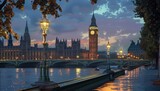 Fototapeta Big Ben - Evening view of big ben and westminster bridge with glowing lights reflecting in the river, world heritage day celebration