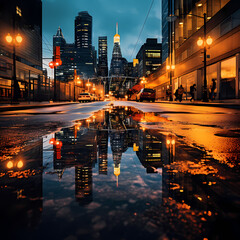 Canvas Print - Reflections of city lights in a rain puddle.