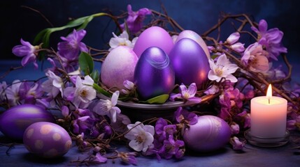  Traditional Easter colored eggs. The table is set for the holiday in purple tones. napkin, candles and plate with treats