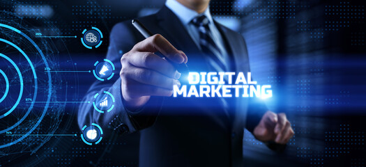 Wall Mural - DIgital marketing online internet SEO SEM SMM. Businessman pressing button on screen.