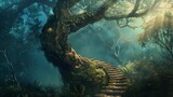 A spiraling staircase wrapping around the trunk of a towering ancient tree in a mystical forest.
