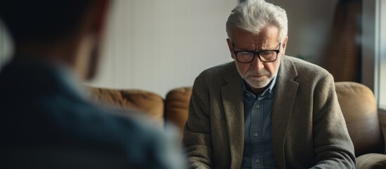 American senior people receive mental health support from caregiver psychologists specializing in geriatric psychology. A depressed senior man seeks solace from a female psychologist, aiding desperate