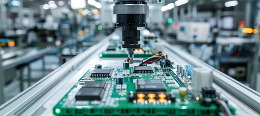 Canvas Print - High precision machine create computer microchip hardware manufacture at  factory. Generative AI technology.	
