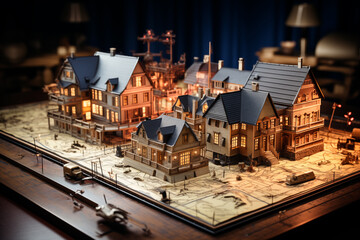 Architectural model of a house on an archeitectural plan.