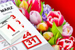 Deutscher Kalender 2024  Ostern 31. März und 1. April  Feiertage Ostersonntag und Ostermontag mit Blumen