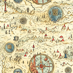  Vintage Pirate Map Seamless Pattern Background