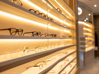 Wall Mural - Optical Retail Display: Close-Up of LED-Lit Shelves Featuring Eyeglasses