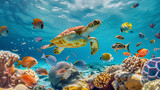 Fototapeta Do akwarium -  Underwater Scene with Sea Turtle and Tropical Fish. A vibrant underwater landscape showcasing a sea turtle swimming among colorful coral reefs and diverse tropical fish in clear blue water.