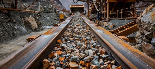 Wall Mural - Conveyor belt transport rock stone material. Mining industry material transport concept. Generative AI technology.