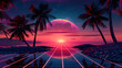 Tropical Sunset With Retro Synthwave Aesthetic Over Grid Landscape