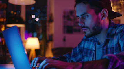 Poster - software developer working on his laptop, data scientist or cyber security expert working on laptop, person working on a computer