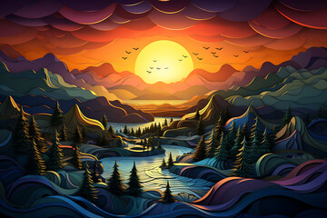 Wall Mural - Beautiful sunset over the lake in the mountains. Vector illustration.