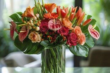 Create a bold and vibrant tropical paradise at home with a clear vase flower arrangement.