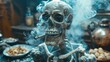 Amidst a haze of smoke, a skull-shaped ashtray holds a single cigarette, the last remnant of a bony figure's rebellious act