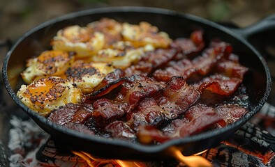 A sizzling pan of red cooking meat, perfectly fried in a wok on a stove, evokes a mouth-watering sensation of savory barbecue cuisine