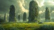 Neolithic villagers in lush green landscapes building stone monuments under ancient skies