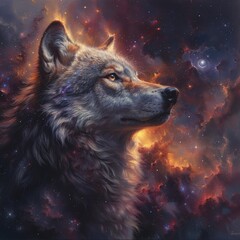 Cosmic wolf in a stardust suit gazing at a nebula aura of mystery