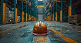 Fototapeta  - Amidst the bustling city streets, a dirty hard hat lies forgotten on the ground, a symbol of hard work and dedication left behind in the chaos of urban life