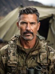 Wall Mural - Portrait of a handsome male middle aged soldier wearing camouflage on a base camp background from Generative AI