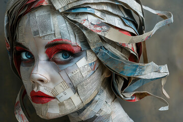 Woman's face made of book pages, the information we are reading forms our identity, creative concept, art collage