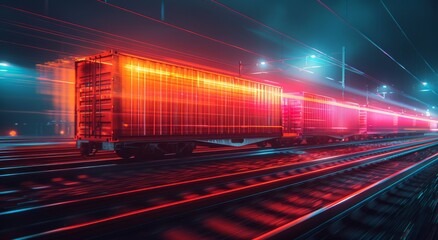 Poster - a mesmerizing display of electric energy as a train glides along the tracks, adorned with pulsating 
