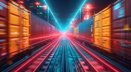 Poster - in the bustling city at night, a train races along the tracks, its red and blue lights illuminating 