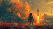 A brave astronaut stands in front of a fiery rocket, the heat and smoke billowing around them as they prepare for an explosive journey through the clouds and into the unknown, reminiscent of a heroic