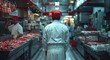 A sharply dressed man with a vibrant red hat stands confidently in a bustling street market, expertly selling his trade of fresh cuts of meat in a classic white coat, creating a sense of traditional 