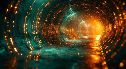 Poster - A mesmerizing tunnel of amber lights illuminates the night, casting a dreamy reflection that beckons with an alluring sense of mystery and wonder