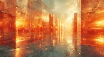 Poster - The glass building glimmered with amber hues, the light dancing off its many columns, creating a mesmerizing reflection that was a true work of art