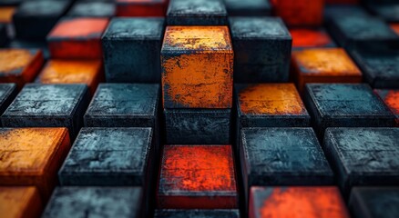 Poster - A vibrant and dynamic screenshot captures the eye-catching colorfulness of a group of black and orange cubes, arranged in a mesmerizing pattern of squares and bold red accents