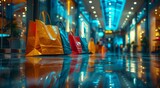 Fototapeta  - Amidst the bustling city street at night, a group of majorelle blue shopping bags lay scattered on the floor, their shiny surfaces reflecting the lights of nearby buildings and the cool blue hues of 