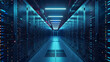 © Prasanth - Modern Data Technology Center Server Racks in Dark Room with VFX. Visualization Concept of Internet of Things, Data Flow, Digitalization of Internet Traffic. Complex Electric Equipment Warehouse.