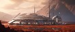 Futuristic architecture on a red planet with metallic structures, transportation tubes, and a mountain backdrop for space exploration.