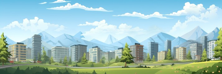 Wall Mural - Fantasy City Landscape Cartoon style Background Panorama Concept Drawing image HD Print 15232x5120 pixels. Neo Game Art V9 10