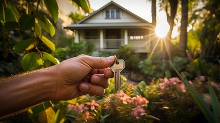 Poster - The Homeowner's hand shows the key to his New House with a beautiful landscaping, surrounded by green trees and woods at sunset. Housewarming, Buying and Landscaping of Real Estate, Housing concepts.