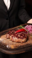 Wall Mural - Delicious steak close-up in a restaurant