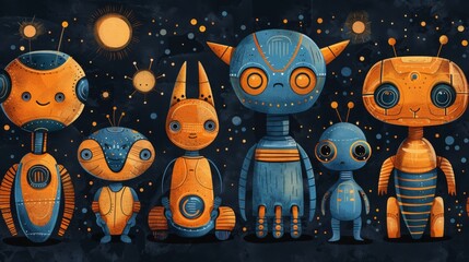 Poster - In retro style, robots and monsters with digital seamless pattern. texture with nanobots.