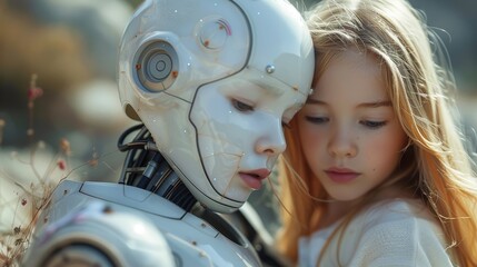 Leinwandbilder - Teenager playing with humanoid robot while at school