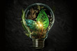 Eco-friendly innovation shines as an organic light bulb encased in lush moss and leaves brings nature