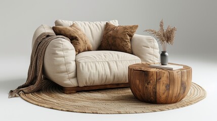 Poster - On a white background, a comfortable armchair and coffee table sit together