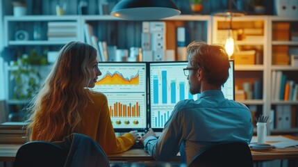 Poster - Two people sit in front of a computer, computer showing marketing charts in daily marketing working environment. Generative AI.