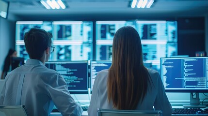 Poster - Young professionals working contemporary business environment monitors with codes programming, large IT office room. Generative AI.